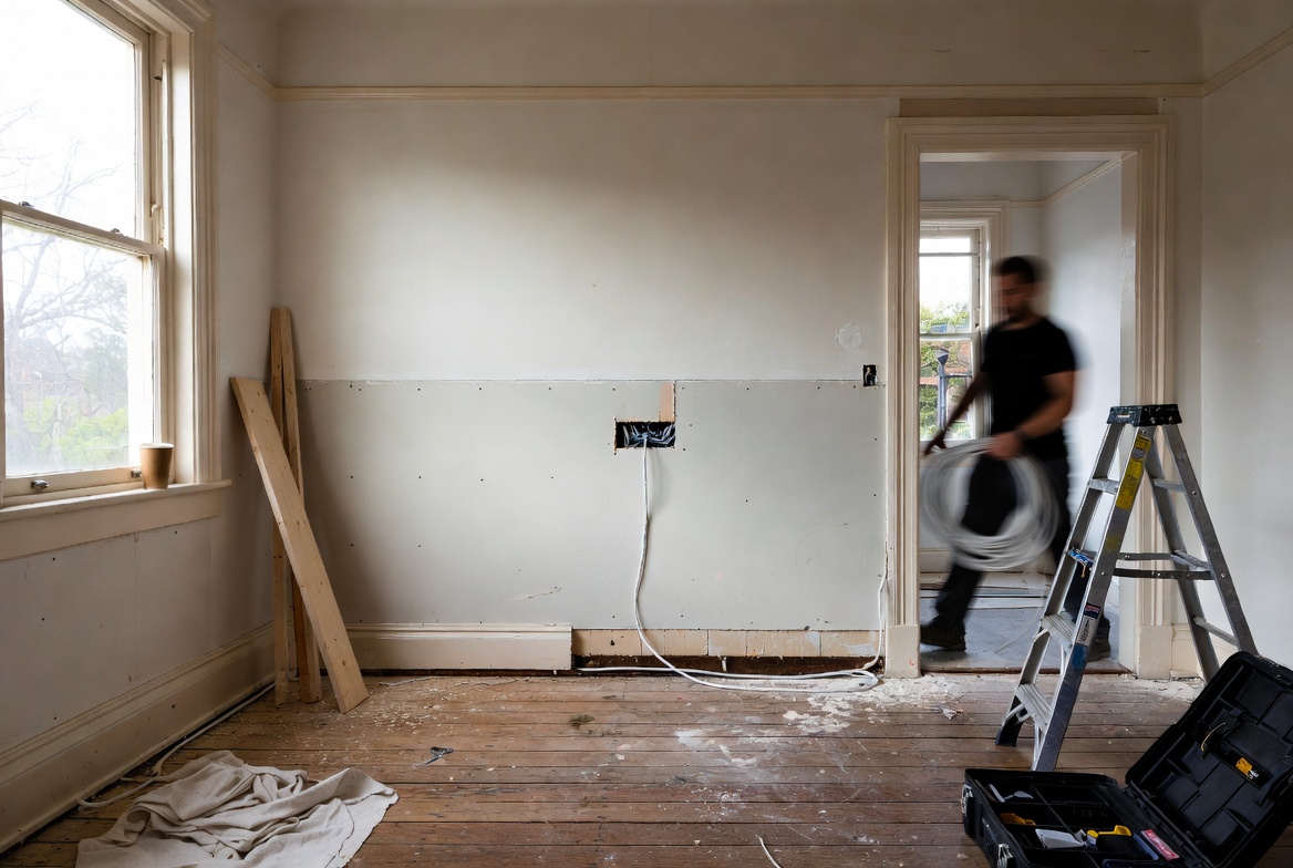 Electrician rewiring an Auckland villa with wall opened to studs