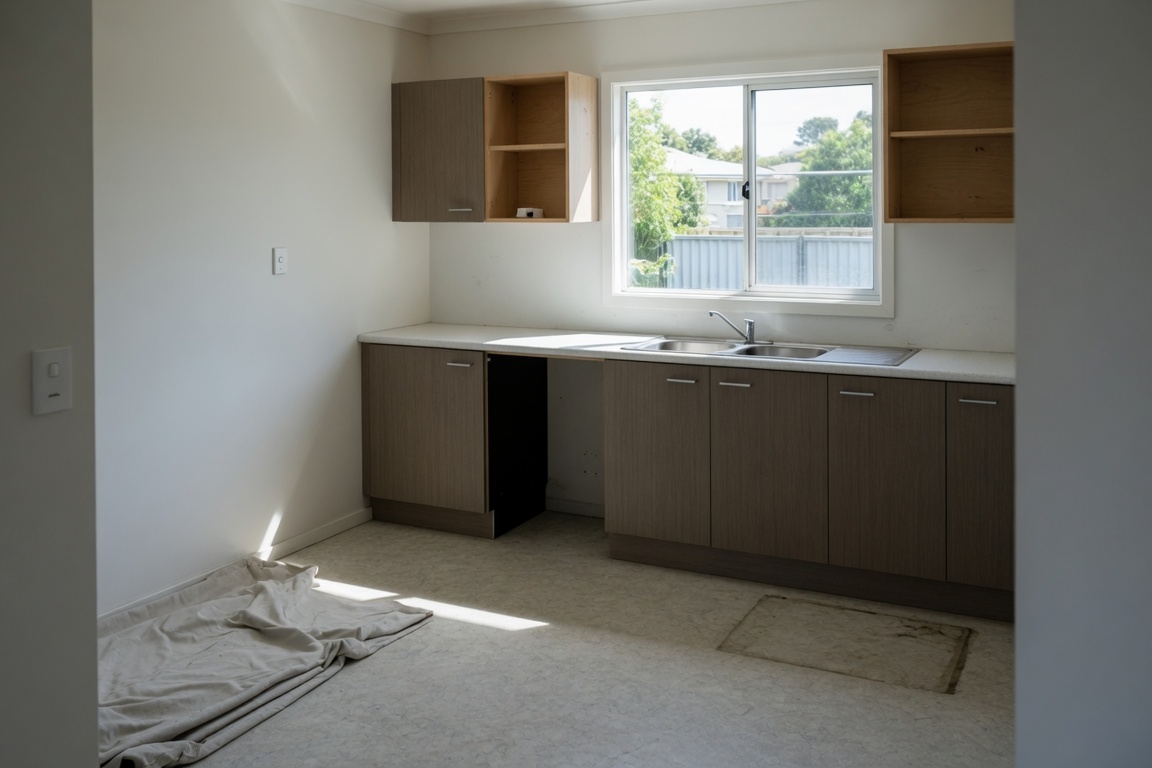 Worn timber-look kitchen cupboards awaiting front replacement, Auckland