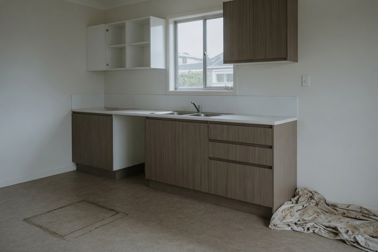 Kitchen mid-reinstatement with new cabinetry fitted during insurance repair