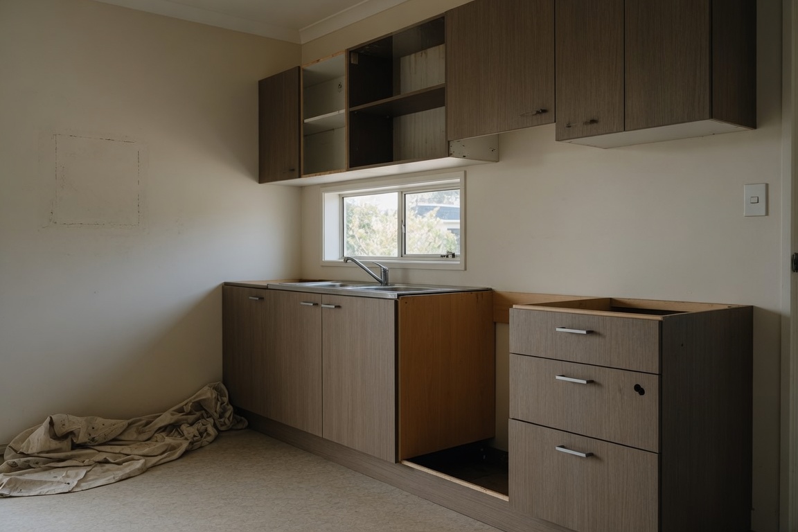 Dated dark timber kitchen cabinets before cupboard front replacement