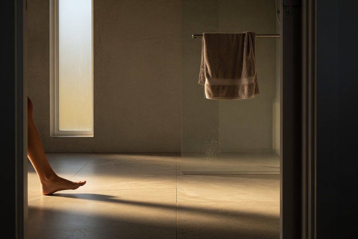 Walk-in shower with hanging towel and person stepping out, Auckland bathroom