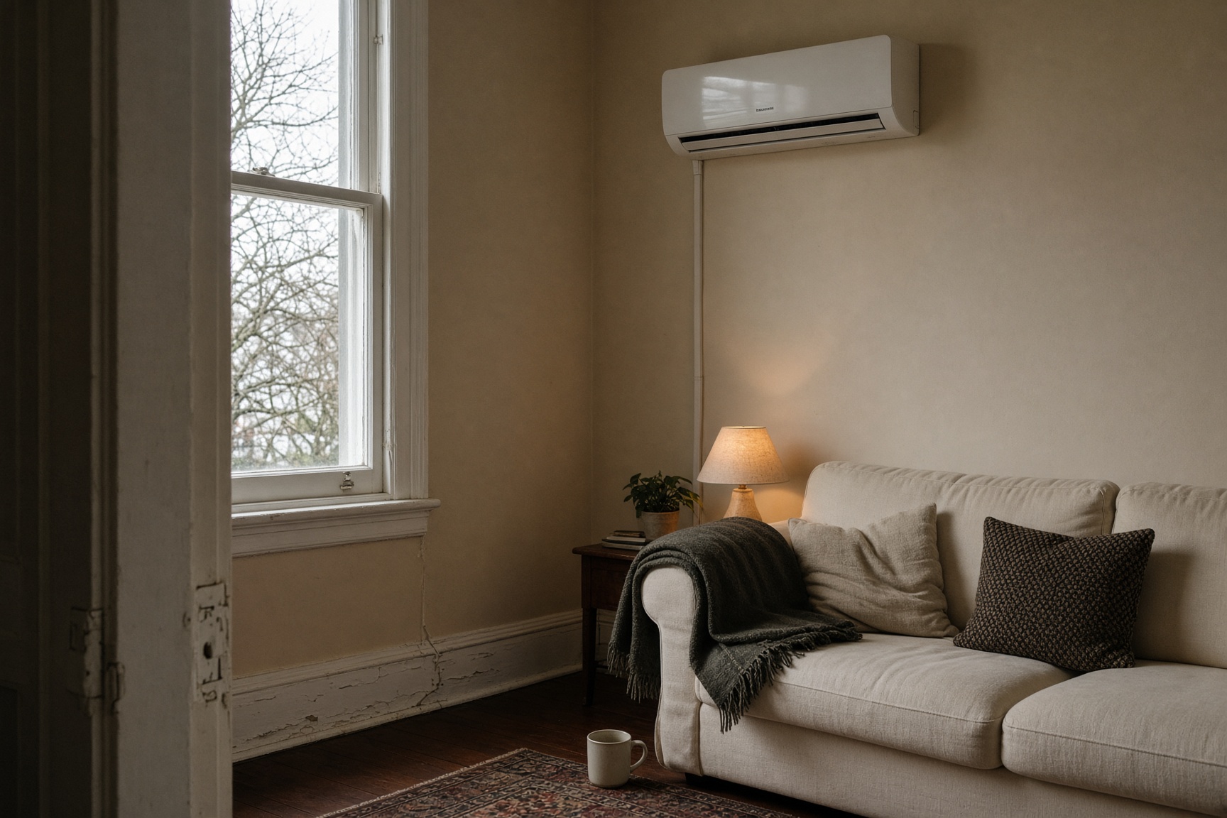 Fixed heat pump installed as Healthy Homes compliant heating in an Auckland rental living room