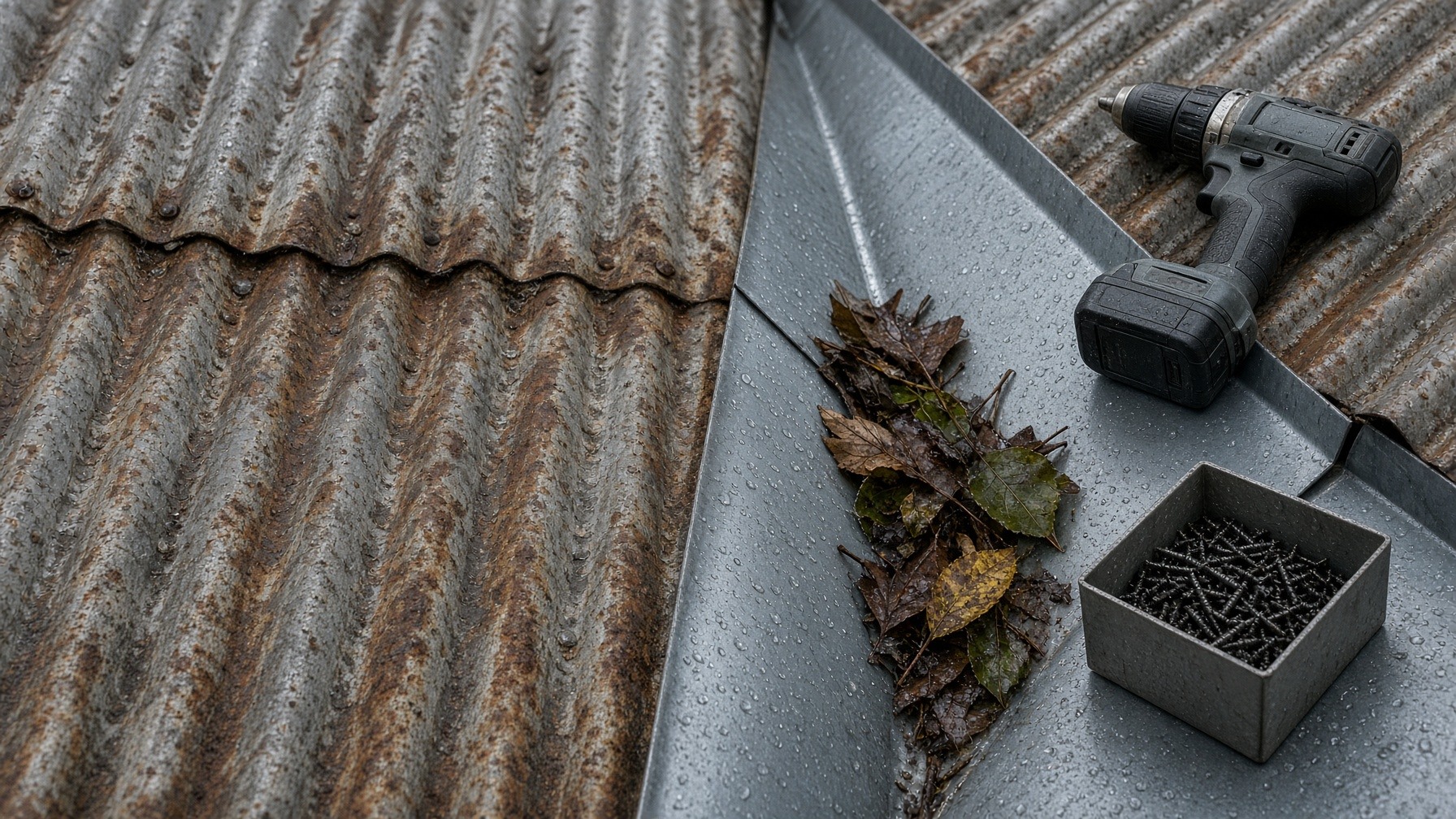 New valley flashing between roof sheets with a cordless drill and roofing screws