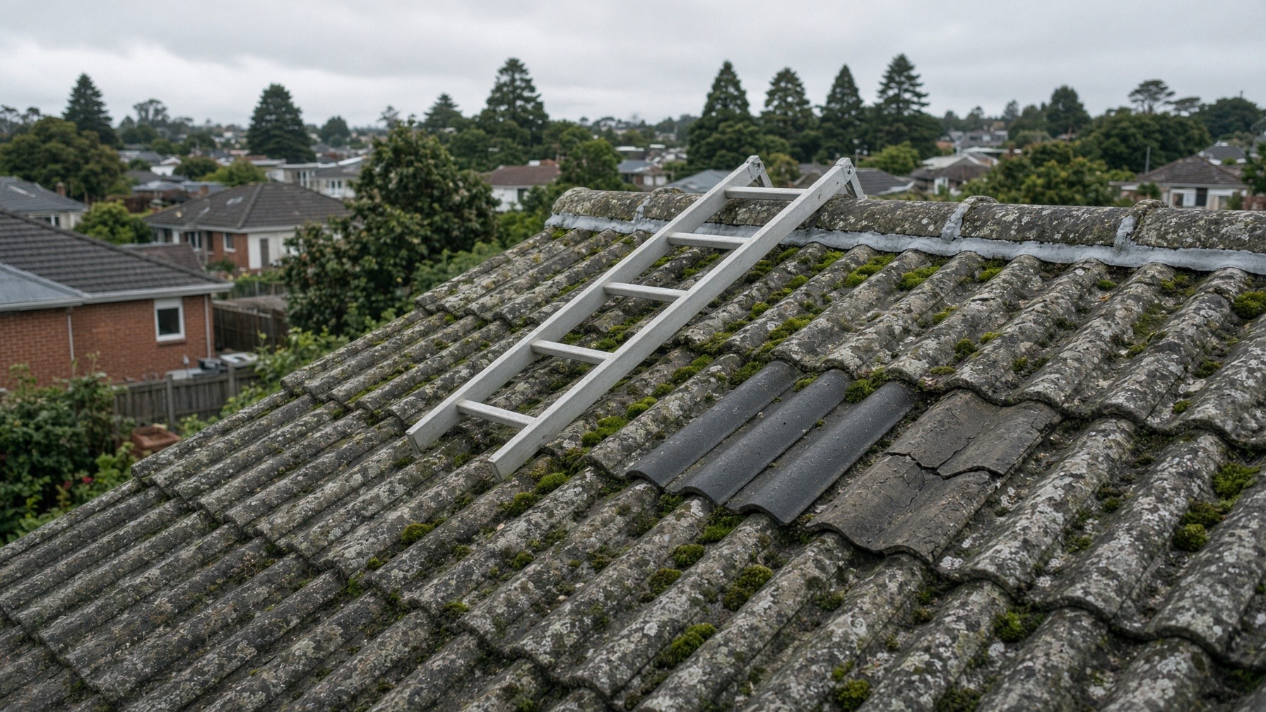 Concrete tile roof with new replacement tiles beside a cracked tile